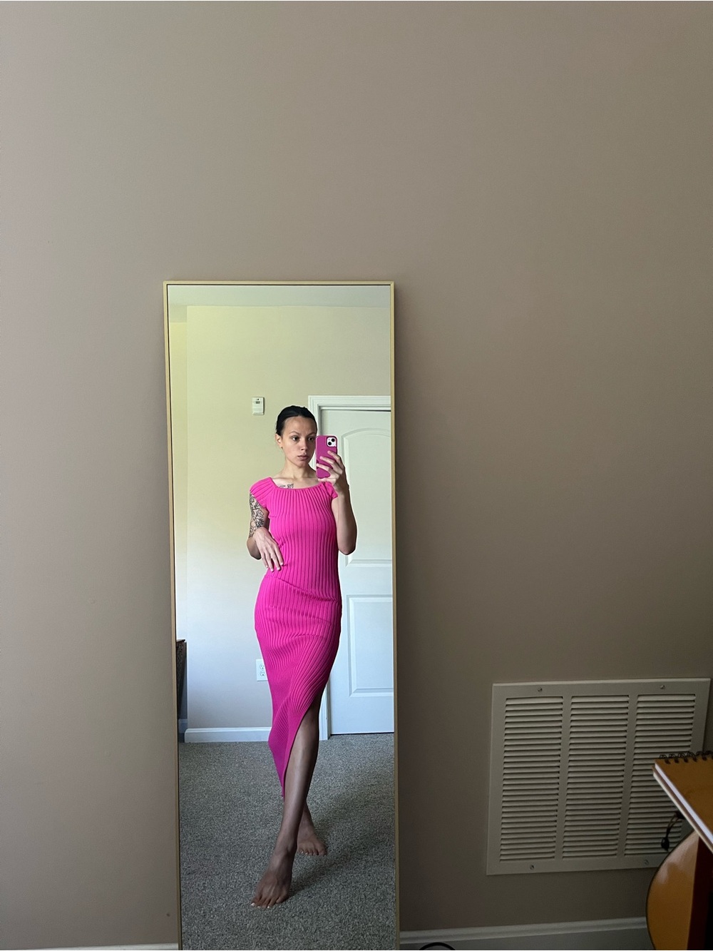 ASTR The Label Ribbed Cap-Sleeve Maxi Bodycon Dress with Side Slit in Hot Pink